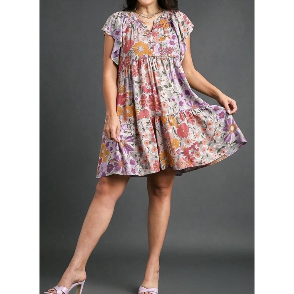 Umgee Pink Floral Dress V-Neck Flutter Sleeve Peasant Cottagecore Small Back Tie - Picture 1 of 9